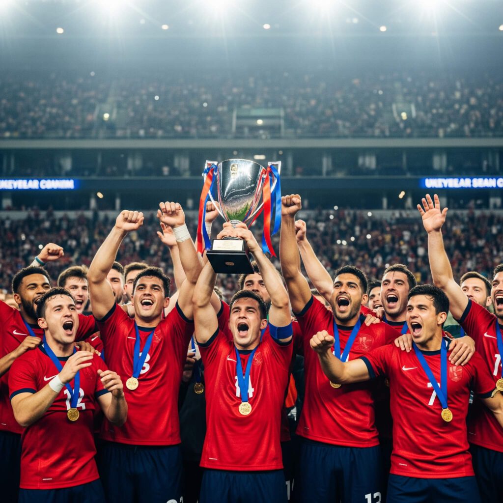 Steuerberatung für Profisportler – Fußballspieler jubeln mit Pokal, Symbol für Erfolg mit SAM Steuerberatung Schönaich im Kreis Böblingen