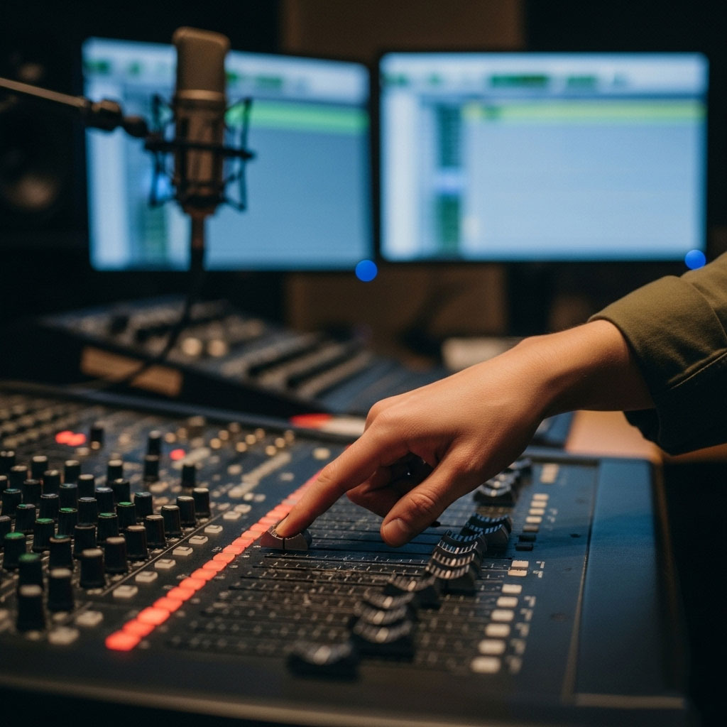 Steuerberatung für Agenturen – Tonstudio mit Mischpult und Mikrofon